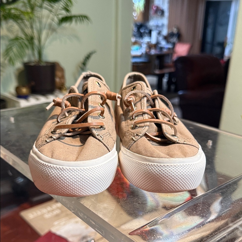 Sperry Top-Sider Women's Sky Sail sneaker in brown canvas with leather laces.